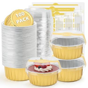 Imagem de Ruckae 100 peças de mini formas redondas para assar com tampas, mini formas de bolo com tampas, copos descartáveis de ramequins de alumínio para festa de aniversário, casamentos (ouro, 142 g)