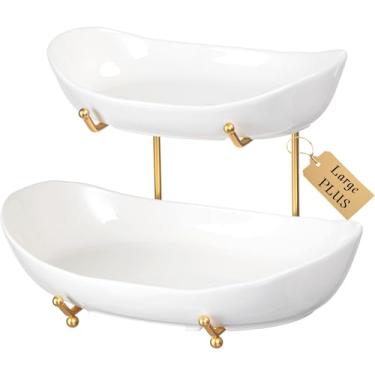 Imagem de Tigela de frutas grande para balcão de cozinha - cesta de frutas de cerâmica de 2 camadas com suporte de metal, suporte de frutas em camadas para bancada, decoração de cozinha e acessórios