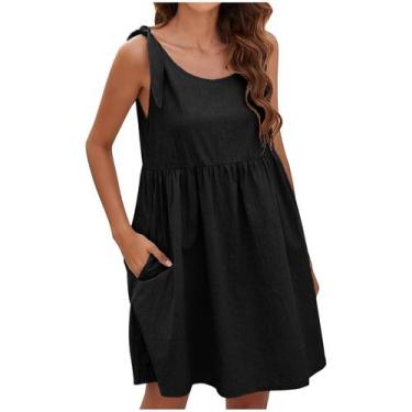 Imagem de Mulheres Verão Casual Sem Mangas O-neck Bandage Vestidos Sólidos Vesti