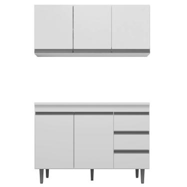 Imagem de Balcão Gabinete Andréia com Tampo 120cm 2 Portas e Armário Aéreo 3 Portas Branco - Desk Design