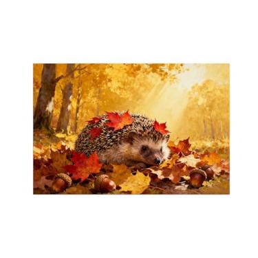 Imagem de Quadro parede outono-Ouriço folhas caídas Impressões em tela paisagens-Pintura animais para sala estar decoração fazenda 20x30cm Sem Moldura
