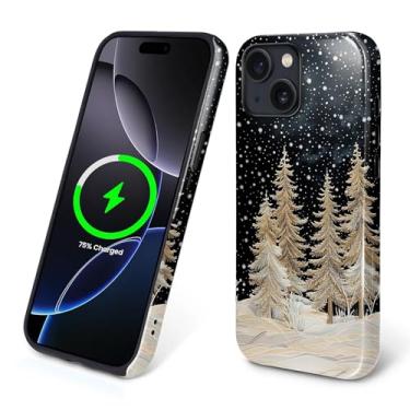 Imagem de ZHEGAILIAN Capa magnética para iPhone 15, compatível com capa rígida MagSafe de silicone macio 2 em 1, híbrida, à prova de choque, capa protetora contra quedas, pinho nevado, floresta de Natal