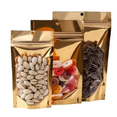 Imagem de Saco Stand Up Pouch Zip Dourado Brilhante Hermético Impermeável C/Visor Transparente com 50 unidades(14x20x04)