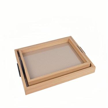 Imagem de Bandejas retangulares de vime, bandeja de superfície de couro, bandeja de alimentos e bebidas, com alças para mesa de café, café da manhã, jantar e bar, cozinha, festa (superfície de couro/grande +