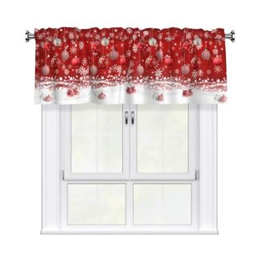 Imagem de Cortina de sanefa natalina com bolso para varão, painéis curtos, Natal, inverno, flocos de neve, tratamento de janela, enfeites de bola vermelha e branca, cortinas de topo para sala de estar, quarto