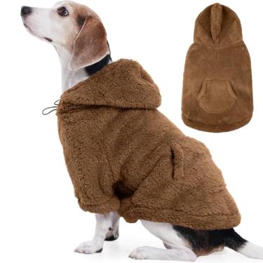 Imagem de IDOMIK Suéter Fuzzy Dog com capuz ajustável, moletom com capuz de lã quente com orifício e bolso, pulôver para cães médios, moletom com capuz felpudo para outono, inverno, Natal, marrom, G