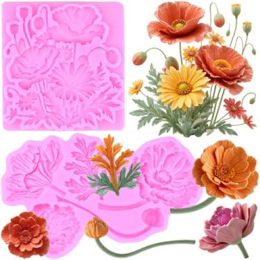 Imagem de MIYAHOUSE Moldes de silicone para fondant de papoula para decoração de bolos, topo de cupcake, pasta de goma de chocolate, argila de polímero, conjunto de 2