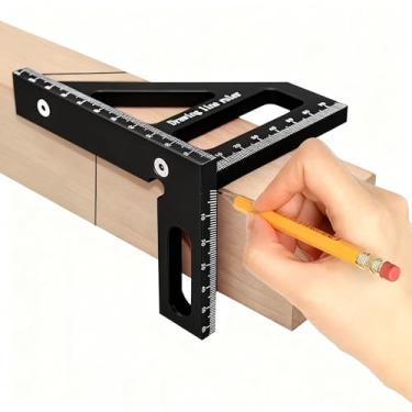 Imagem de Régua de medição multiângulo 3D (métrico), réguas de triângulo de transferidor quadrado de liga de alumínio 45°/90°, ferramenta de linha de desenho de madeira, azul (métrico)
