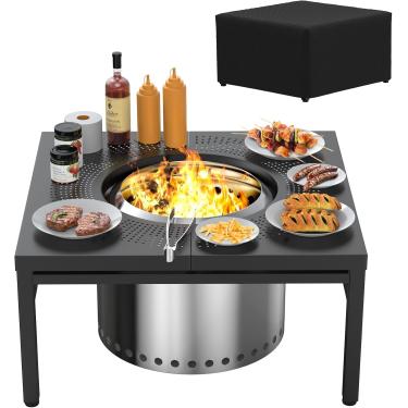 Imagem de KEESHA Mesa de lareira surround para fogueira de fogão, Ranger e outras fogueiras a lenha, mesa quadrada revestida com pó para área externa com capa contra poeira, 96 cm