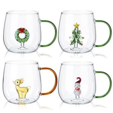 Imagem de Yaomiao 4 peças canecas de vidro de Natal 382 g canecas de café de Natal de inverno a granel com alça boneco de neve xícaras de café de floco de neve xícaras de café papai noel presente de Natal para