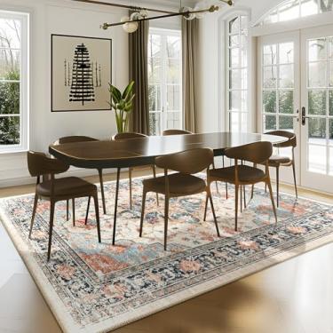 Imagem de RELEANY Tapetes de área, 2,8 m x 2,5 m, lavável, antiderrapante, estampa floral, vintage, tapete medalhão para sala de estar, quarto, sala de jantar, bege, azul marinho, laranja, colorido