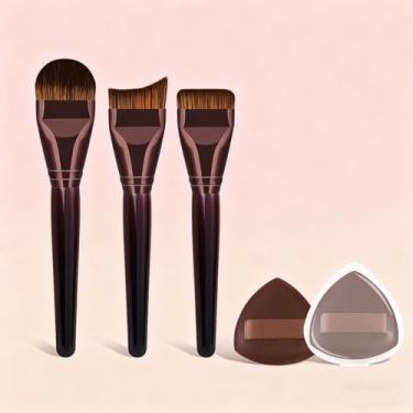 Imagem de Conjunto de 5 peças de pincéis de maquiagem e puff, pincéis de rosto impecáveis, esponjas de maquiagem para base, creme e blush (café escuro)