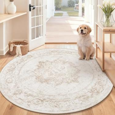Imagem de Tapete redondo 1,2 m Tapetes vintage: Tapete circular lavável pequeno envelhecido antiderrapante para sala de estar, quarto, cozinha, casa (bege, 1,2 m redondo)