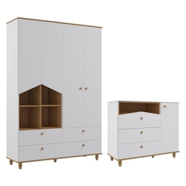 Imagem de Jogo de Quarto Infantil Casinha Guarda Roupa e Cômoda 1 Porta - Permóbili Baby