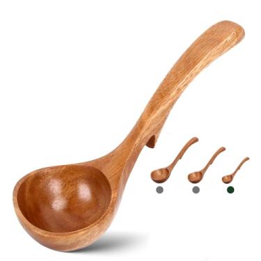 Imagem de Concha de sopa de madeira de tamanho pequeno com gancho traseiro, adequada para fazer sopa de cozinha doméstica e servir líquido quente, ideal para porções individuais e panelas pequenas, 18 cm