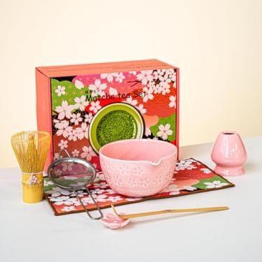 Imagem de Conjunto de chá matcha com flor cerejeira estilo japonês tigela cerâmica boca caixa colorida Baiben Li 7 peças