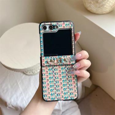 Imagem de Capa para Galaxy Z Flip5 com padrão de trama fashion e dobradiça com corrente de pérolas, capas rígidas fofas (para Galaxy Z Flip5/02)