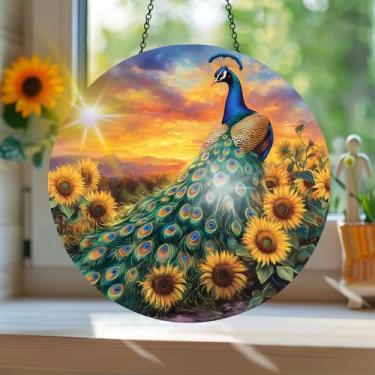 Imagem de Apanhador solar de acrílico colorido, estilo vitral com estampa de pavão animal com reflexos de arco-íris, arte de parede para decoração de janela suspensa, ornamentos de Natal para uso interno e