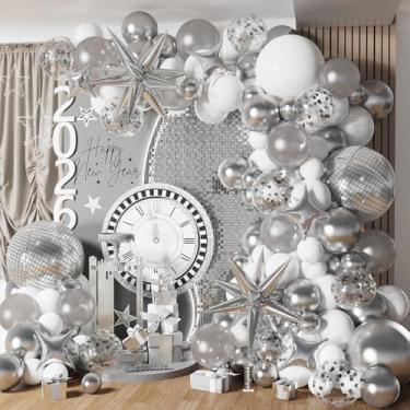 Imagem de Kit de arco de guirlanda de balão prata e branco com bolas de discoteca balão explodindo estrela para decoração de aniversário adulto dança festa de formatura véspera de ano novo 2026 decoração