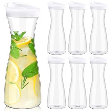 Imagem de Xinnun 6 garrafas de água com tampa, recipiente de plástico para suco de 590 ml, garrafa transparente de pescoço estreito, jarro de bebida para bar de mimosa, jarro de bebidas para atividades ao ar