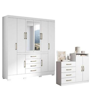Imagem de Cômoda Londres E Guarda Roupa Casal Nápole 2045149 Branco Brilho - Aramóveis