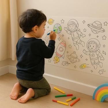 Imagem de Papel Adesivo Infantil para Colorir Tema Espacial Destacável 3m x 30 cm Brinquedo Educativo para Crianças a Partir de 3 Anos Desenho Para Pintar Presente Colável Parede Chão Superficie Plana