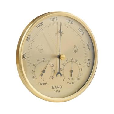 Imagem de KiBcsLic Barômetro, termômetro e higrômetro 3 em 1 para escritório. Ideal para estações meteorológicas tradicionais, barômetro, medidor de pressão e, Dourado