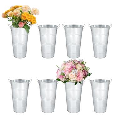 Imagem de Nowdowin 8 baldes de flores de 32,5 cm para suprimentos de barra de flores, vasos de prata para centros de mesa, balde galvanizado, balde de metal, vasos rústicos para flores, vaso de estanho (prata
