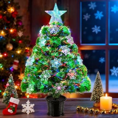 Imagem de Pequena árvore de Natal de fibra ótica, 55,88 cm, miniprelit artificial de mesa, árvore de Natal, operada por bateria/USB, pequenas árvores de Natal com estrela iluminada, flocos de neve para