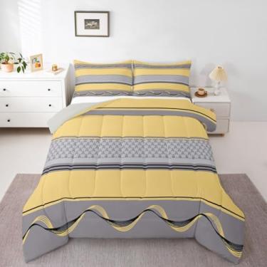 Imagem de Feelyou Edredom Listrado Amarelo Tamanho Solteiro Para Meninos E Meninas, Conjunto Cinza Patchwork, Roupa De Cama Geométrica Boho, Decoração Quarto Infantil, Microfibra