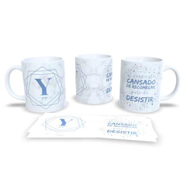Imagem de Caneca de Cerâmica Personalizada com Monograma e Frase Motivacional, Mármore Branco e Azul, 325ml, Design Geométrico (y)