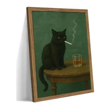 Imagem de Arte de parede emoldurada de gato preto temperamental, decoração de parede de humor escuro, impressão em tela de pôster de gato uísque vintage, decoração de arte engraçada de gato preto para sala de