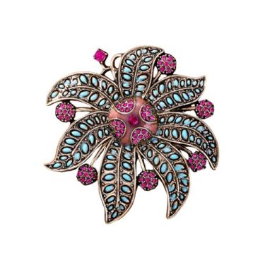 Imagem de Broche floral vintage para mulheres, broche de flor dourado com strass de cristal rosa esmaltado turquesa, cachecol de lapela elegante, broches, joias, presente para festa de casamento, festa de
