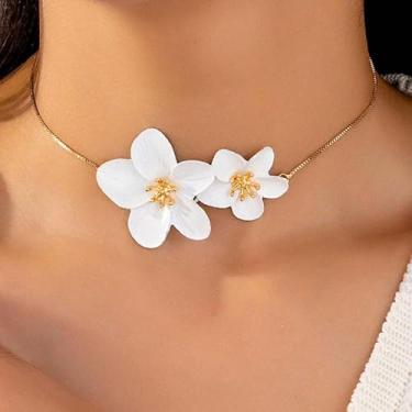 Imagem de Colar de gargantilha de flor para mulheres, colar de declaração de flor dourada joias em camadas, presentes de amizade para mulheres, presentes de Natal, dia dos namorados, Medium, Latão, Sem Pedra