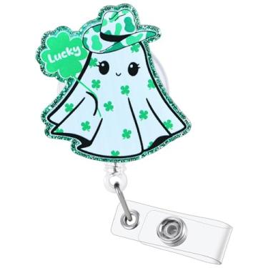 Imagem de Carretel engraçado de crachá de enfermeira de fantasma de caubói do dia de São Patrício, bonito verde trevo retrátil porta-crachá pediátrico, clipe para crachá de crachá para RN CNA LPN MA enfermeira