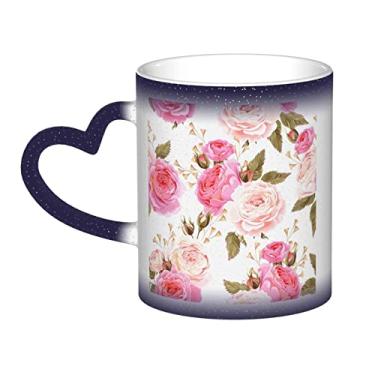 Imagem de Caneca de café divertida floral rosa rosa, copo de cerâmica com mudança de cor sensível ao calor 12 Oz, para café/chá/leite/cacau, para adolescente/aniversário/festival/presentes