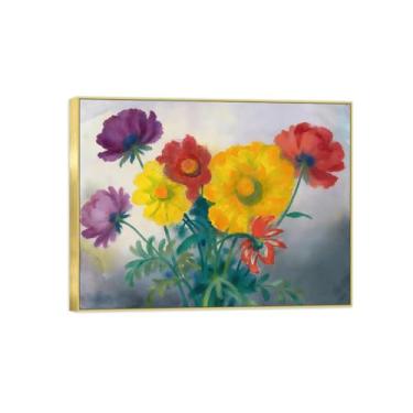 Imagem de BMZFYBS Pintura de arte de parede de flores - imagem de decoração vintage - vermelho azul flores amarelas 2 - impressões em tela moldura dourada para sala de estar 50 x 65 cm 20 x 26 pol