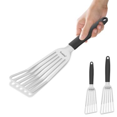 Imagem de Svailse Espátula de peixe de aço inoxidável, espátula de metal para frigideira de ferro fundido, espátula com alça de silicone para cozinhar, grelhar, virar, ovo, biscoito, panqueca e hambúrguer