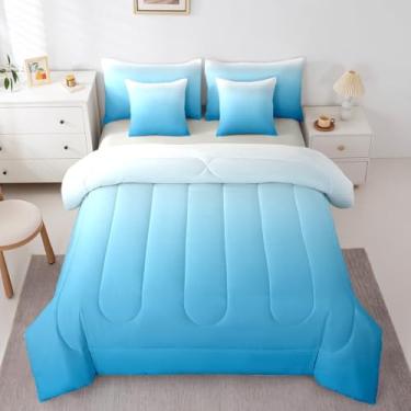 Imagem de Erosebridal Jogo de cama Queen oceano azul, ombré, branco e azul, com lençol de cima e lençol com elástico, lençol de cima e lençol com elástico, para adolescentes e adultos e mulheres