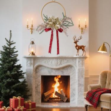 Imagem de Guirlanda de metal de Natal, argola de metal de 18,5 cm com flores florais, guirlanda de Natal com laço vermelho floral para decoração de parede de inverno na porta da frente (ouro)