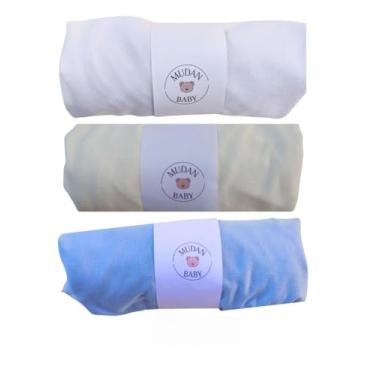 Imagem de Kit 3 Lençóis Avulsos de Malha 100% Algodão com Elástico para Berço Americano, Hipoalergênico, 160x98x12cm, Liso (Branco-Palha-Azul)