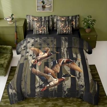 Imagem de Jogo de cama casal de 7 peças, camuflagem de pato selvagem, conjunto de edredom infantil com lençóis, fronhas e capa de almofada para meninas, bandeira americana em uma bolsa, respirável, macio, verde