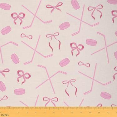 Imagem de Tecido de hóquei no gelo por jarda, tecido impermeável com bastão de hóquei rosa e bola, tecido estilo princesa com arco de borboleta para decoração de artes e artesanato, tecido kawaii para ambientes