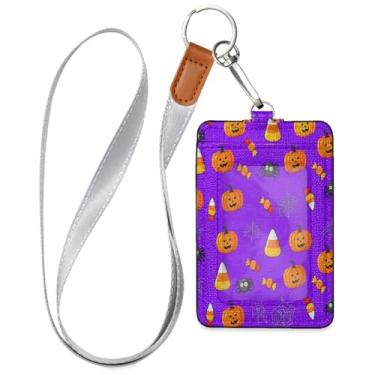 Imagem de Wassud Pumpkins Candies Porta-crachá de couro PU com cordão, porta-cartão de identificação para trabalho, cordão de pescoço com compartimentos para cartões de crédito, funcionários, estudantes, 39,9