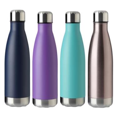 Imagem de MEWAY Garrafa de água esportiva de 500 ml, embalagem com 4 garrafas esportivas de aço inoxidável isoladas a vácuo em forma de cola de parede dupla à prova de vazamento (roxo/azul claro/azul