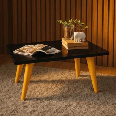 Imagem de Mesa de centro retangular retrô, com pés em formato de fuso de PVC cor caramelo, ideal para decoração moderna de salas de estar com sofá(Preto)