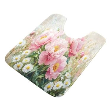 Imagem de Burbuja Tapete de banheiro com flores, tapete de banho absorvente de pelúcia macio, base antiderrapante para piso de banheiro, oval em forma de U
