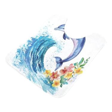 Imagem de Burbuja Tapete de banheiro golfinho aquarela, tapete de banho absorvente de pelúcia macio, base de vaso sanitário antiderrapante para piso de banheiro, oval em forma de U