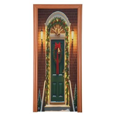 Imagem de Qilmy Guirlanda de Natal verde porta porta decoração 89 x 200 cm tecido grande festa decoração sinal para porta da frente varanda decoração exterior janela parede 447