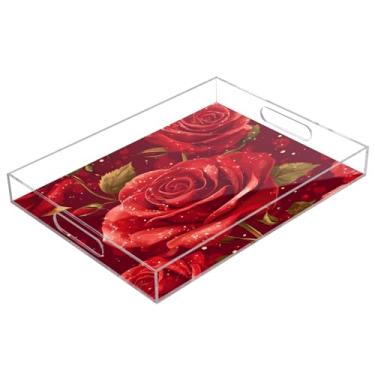 Imagem de STAYTOP Bandeja de servir de acrílico rosa vermelha para Dia dos Namorados, 15,7 x 11,20 cm, bandejas decorativas à prova de derramamento, organizador de bancada para café da manhã, chá, comida